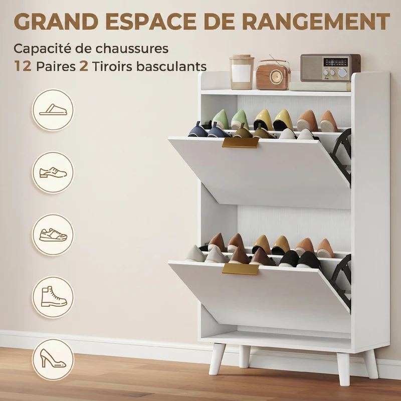 Meuble à chaussures étroit entrée 70 x 30 x 120 cm pour 12 paires gain de place vintage en panneau de particules blanc 21_0002646