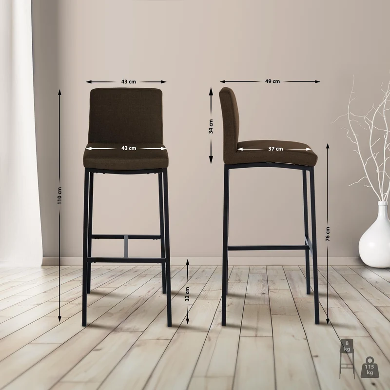 Lot de 2 tabourets de bar design épuré et contemporain en tissu marron cadre à quatre pieds en métal noir 10_0006629