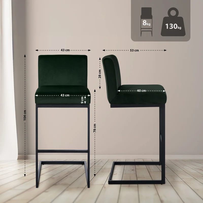 Tabouret de bar x1 avec dossier pieds en forme de luge en métal noir assise en velours vert 10_0006566