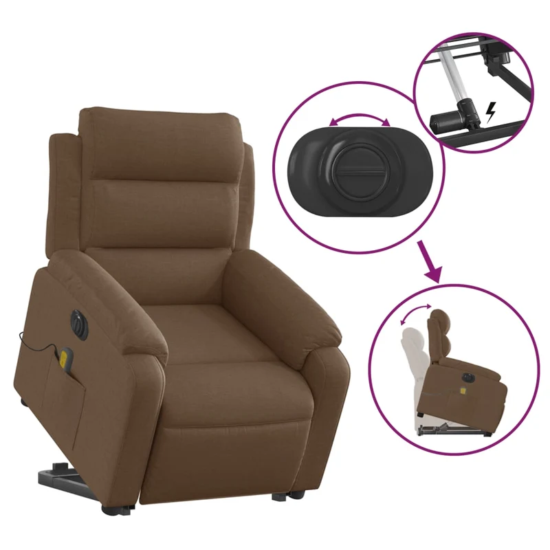 Fauteuil de relaxation fonction massage et inclinable levage électrique en tissu marron DEC027783