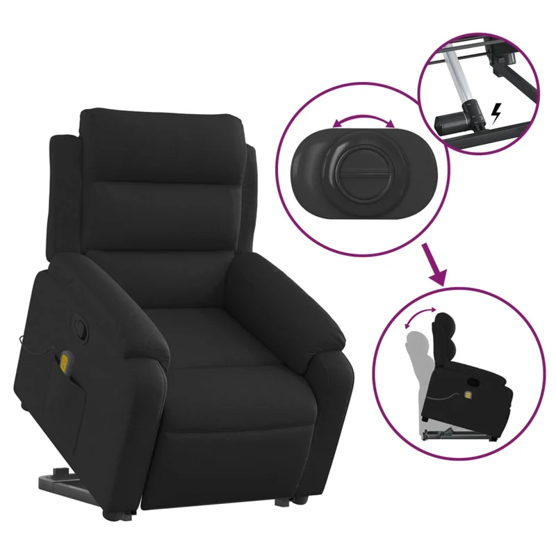 Fauteuil de relaxation TV fonction massage inclinable levage électrique en tissu noir DEC027055