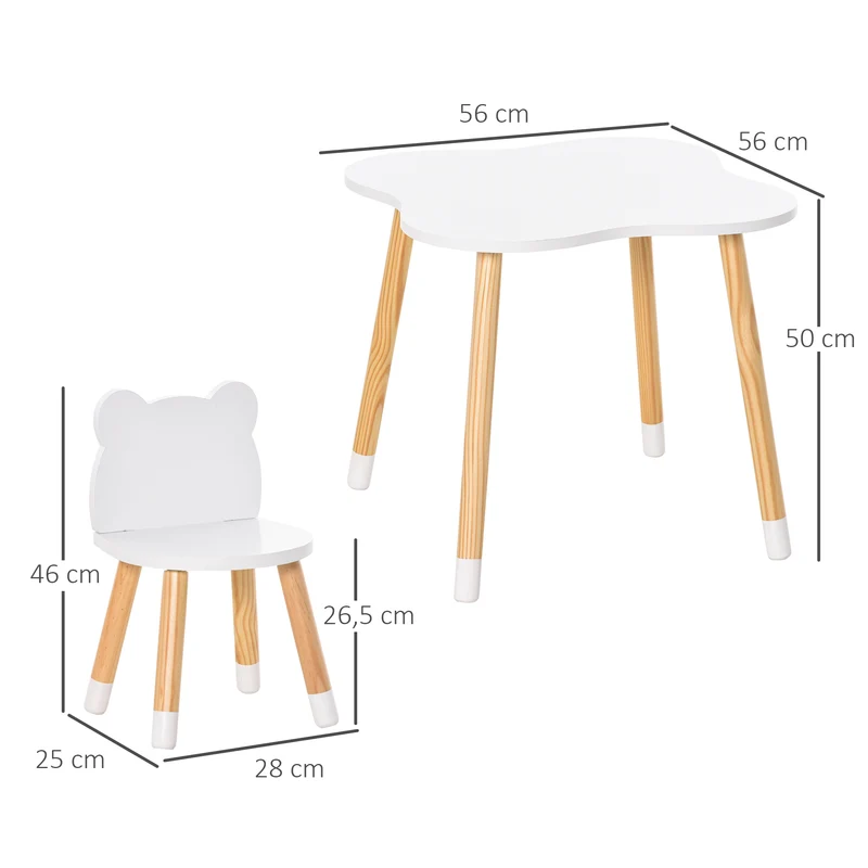 Ensemble table et chaises enfant 56 x 56 x 50 cm grand plateau sécurisé scandinave décoratif motif ourson en MDF blanc 21_0000189