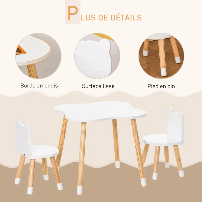 Ensemble table et chaises enfant 56 x 56 x 50 cm grand plateau sécurisé scandinave décoratif motif ourson en MDF blanc 21_0000189