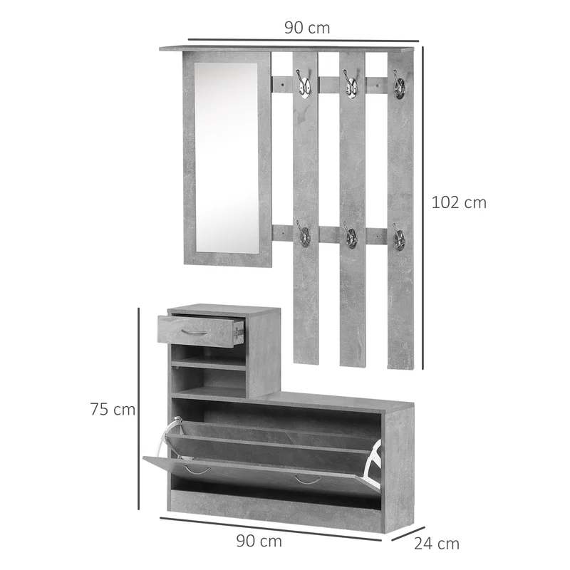 Ensemble meuble d'entrée vestiaire miroir rangement chaussures 90 x 24 x 91 cm moderne en panneau de particules gris 21_0001409