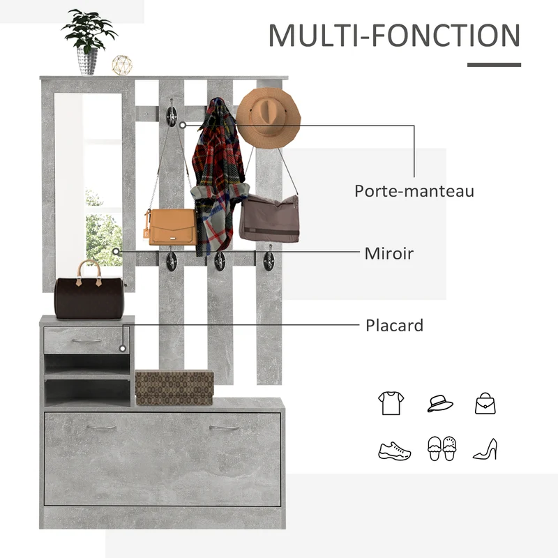 Ensemble meuble d'entrée vestiaire miroir rangement chaussures 90 x 24 x 91 cm moderne en panneau de particules gris 21_0001409