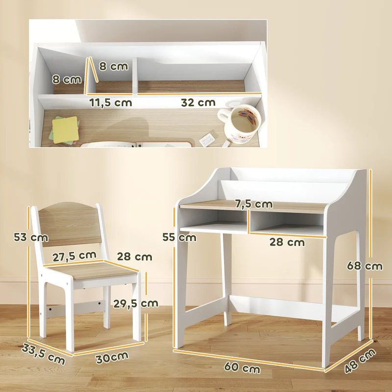 Ensemble bureau et chaise enfant grand rangement et assise ergonomique 60 x 48 x 68 cm scandinave en MDF bois naturel 21_0000222