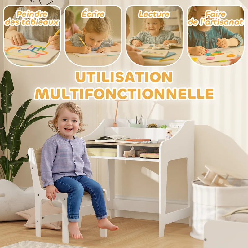 Ensemble bureau et chaise enfant grand rangement et assise ergonomique 60 x 48 x 68 cm scandinave en MDF bois naturel 21_0000222