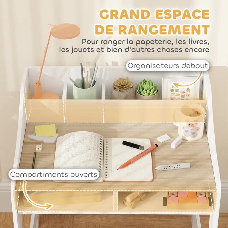 Ensemble bureau et chaise enfant grand rangement et assise ergonomique 60 x 48 x 68 cm scandinave en MDF bois naturel 21_0000222