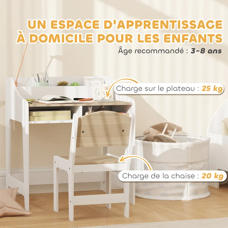 Ensemble bureau et chaise enfant grand rangement et assise ergonomique 60 x 48 x 68 cm scandinave en MDF bois naturel 21_0000222