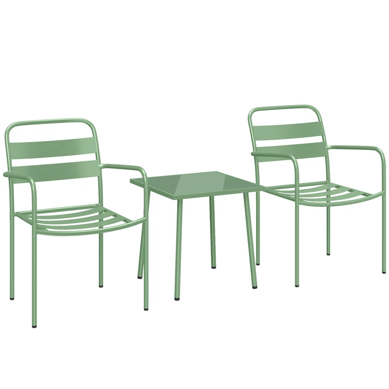 Ensemble bistrot jardin 3 pièces table 50 x 50 x 50 cm patins réglables assise à lattes design en acier galvanisé vert 21_0006027