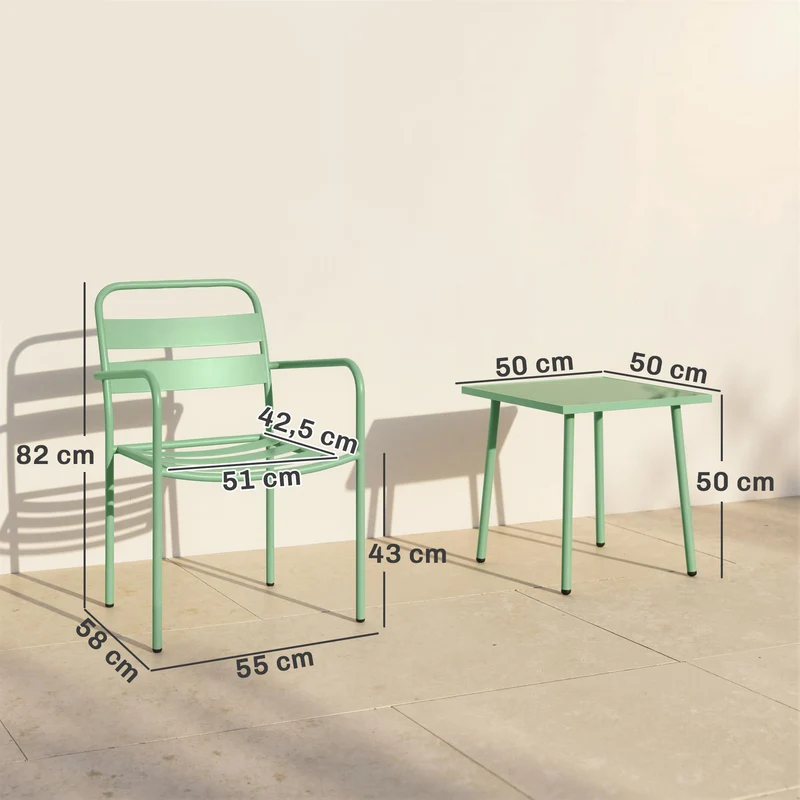 Ensemble bistrot jardin 3 pièces table 50 x 50 x 50 cm patins réglables assise à lattes design en acier galvanisé vert 21_0006027