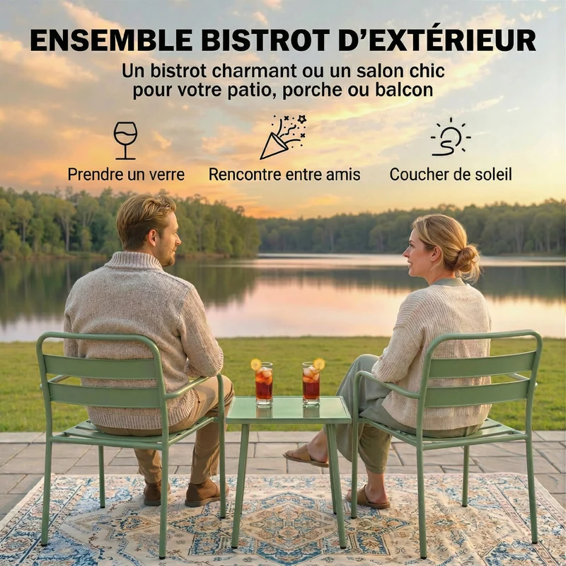 Ensemble bistrot jardin 3 pièces table 50 x 50 x 50 cm patins réglables assise à lattes design en acier galvanisé vert 21_0006027