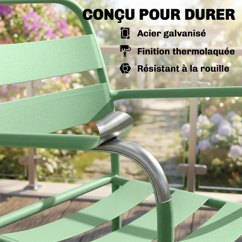 Ensemble bistrot jardin 3 pièces table 50 x 50 x 50 cm patins réglables assise à lattes design en acier galvanisé vert 21_0006027