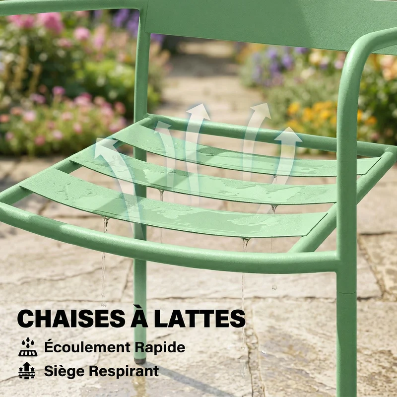 Ensemble bistrot jardin 3 pièces table 50 x 50 x 50 cm patins réglables assise à lattes design en acier galvanisé vert 21_0006027