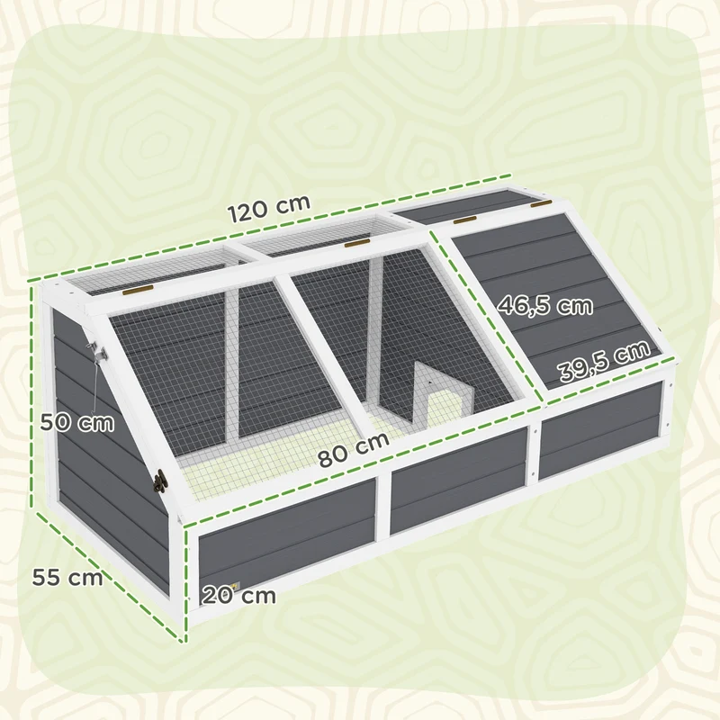 Enclos pour tortue et lapin jardin 120 x 55 x 50 cm couvercle ouvrable 2 zones séparées rustique en bois gris clair 21_0007848