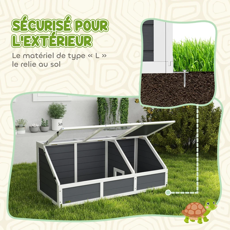 Enclos pour tortue et lapin jardin 120 x 55 x 50 cm couvercle ouvrable 2 zones séparées rustique en bois gris clair 21_0007848