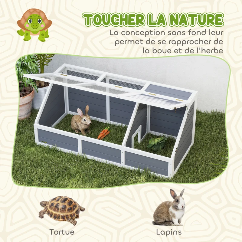 Enclos pour tortue et lapin jardin 120 x 55 x 50 cm couvercle ouvrable 2 zones séparées rustique en bois gris clair 21_0007848