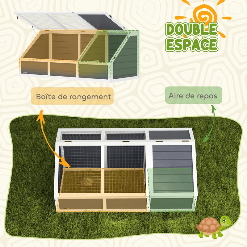 Enclos pour tortue et lapin jardin 120 x 55 x 50 cm couvercle ouvrable 2 zones séparées rustique en bois gris clair 21_0007848