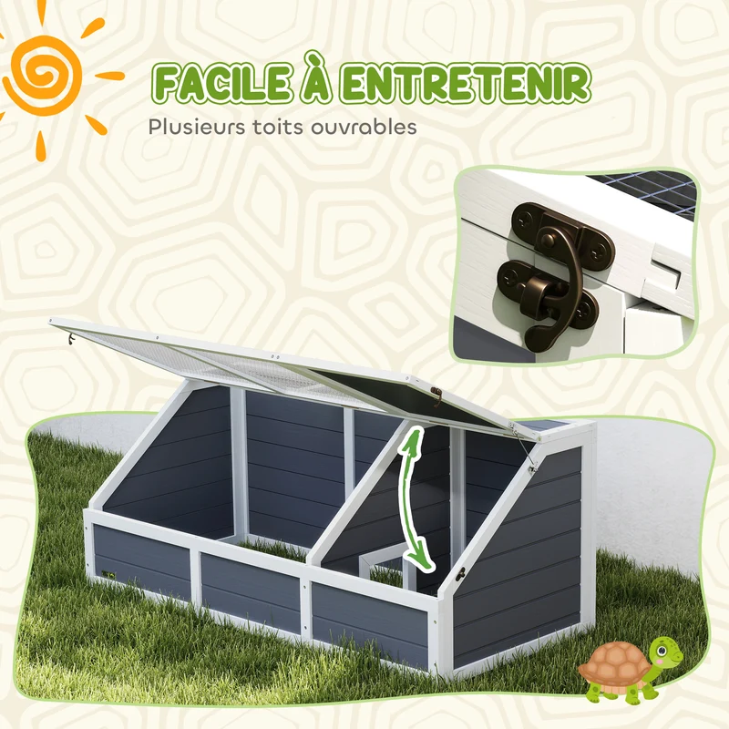 Enclos pour tortue et lapin jardin 120 x 55 x 50 cm couvercle ouvrable 2 zones séparées rustique en bois gris clair 21_0007848