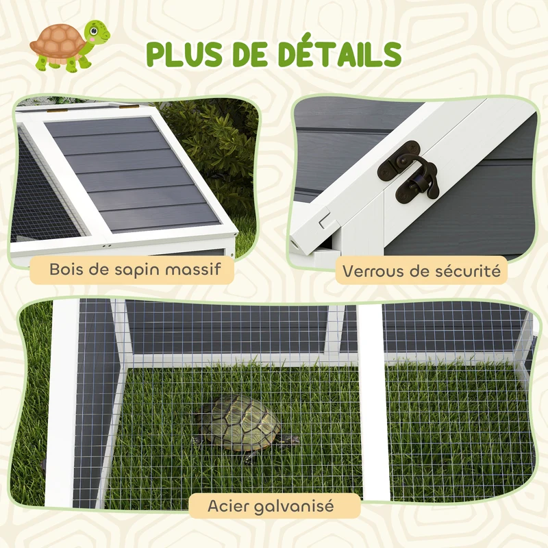 Enclos pour tortue et lapin jardin 120 x 55 x 50 cm couvercle ouvrable 2 zones séparées rustique en bois gris clair 21_0007848