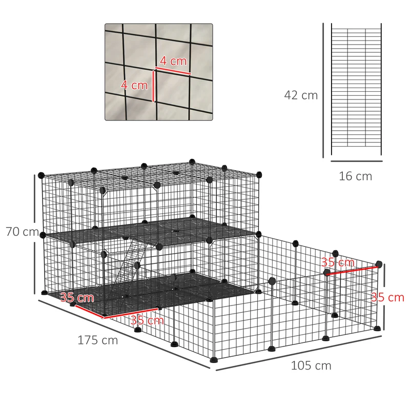 Enclos modulable pour petits animaux 175 x 105 x 70 cm grande aire sécurisée adaptable contemporain en fil de fer noir 21_0007931