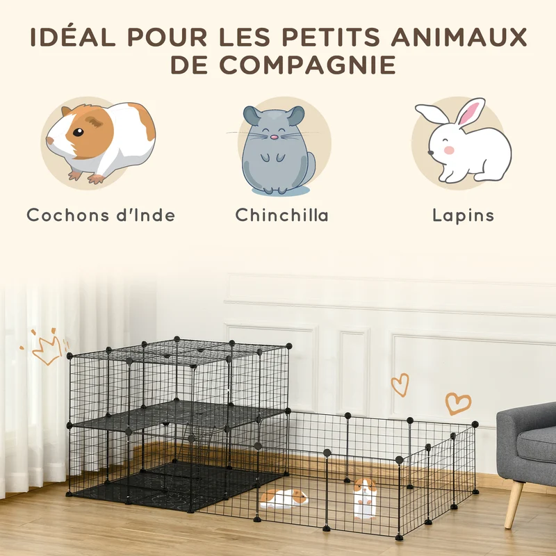 Enclos modulable pour petits animaux 175 x 105 x 70 cm grande aire sécurisée adaptable contemporain en fil de fer noir 21_0007931