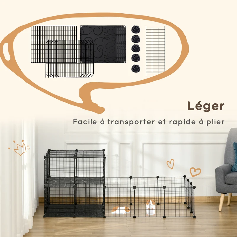 Enclos modulable pour petits animaux 175 x 105 x 70 cm grande aire sécurisée adaptable contemporain en fil de fer noir 21_0007931