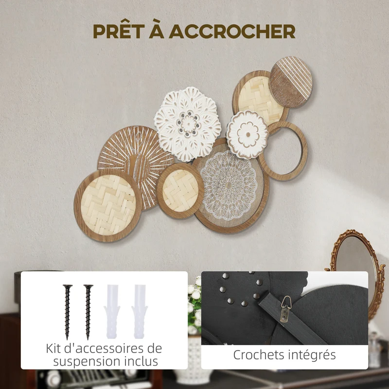 Décoration murale sculptée salon 83.8 x 4.4 x 44.5 cm prête à accrocher ambiance douce élégante moderne en bois naturel 21_0003708