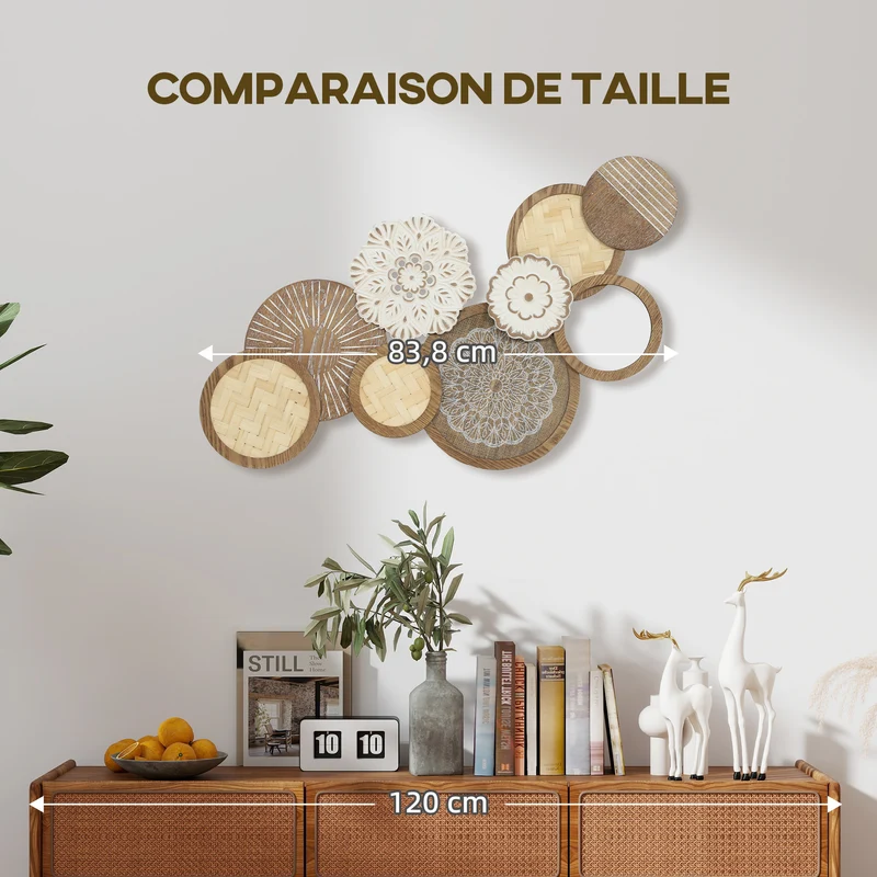 Décoration murale sculptée salon 83.8 x 4.4 x 44.5 cm prête à accrocher ambiance douce élégante moderne en bois naturel 21_0003708