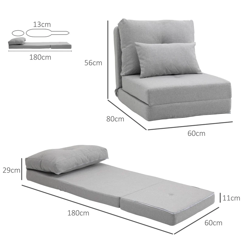 Chauffeuse convertible 1 place canapé-lit 180 x 60 x 29 cm dossier 5 niveaux mousse dense design cosy en lin gris clair 21_0001834