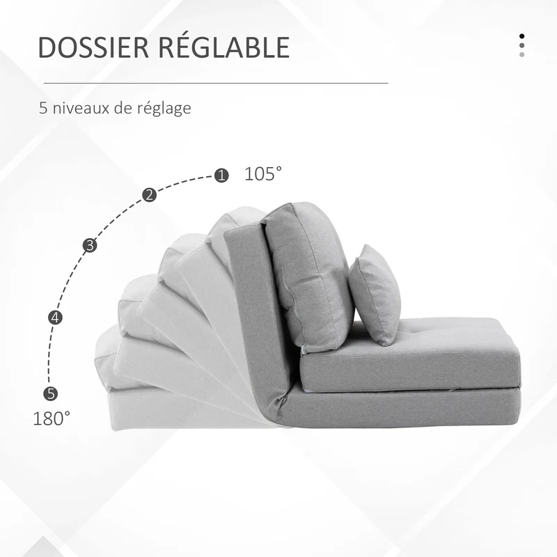 Chauffeuse convertible 1 place canapé-lit 180 x 60 x 29 cm dossier 5 niveaux mousse dense design cosy en lin gris clair 21_0001834