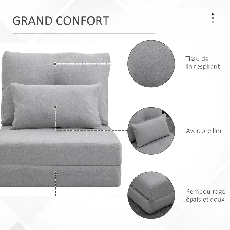Chauffeuse convertible 1 place canapé-lit 180 x 60 x 29 cm dossier 5 niveaux mousse dense design cosy en lin gris clair 21_0001834