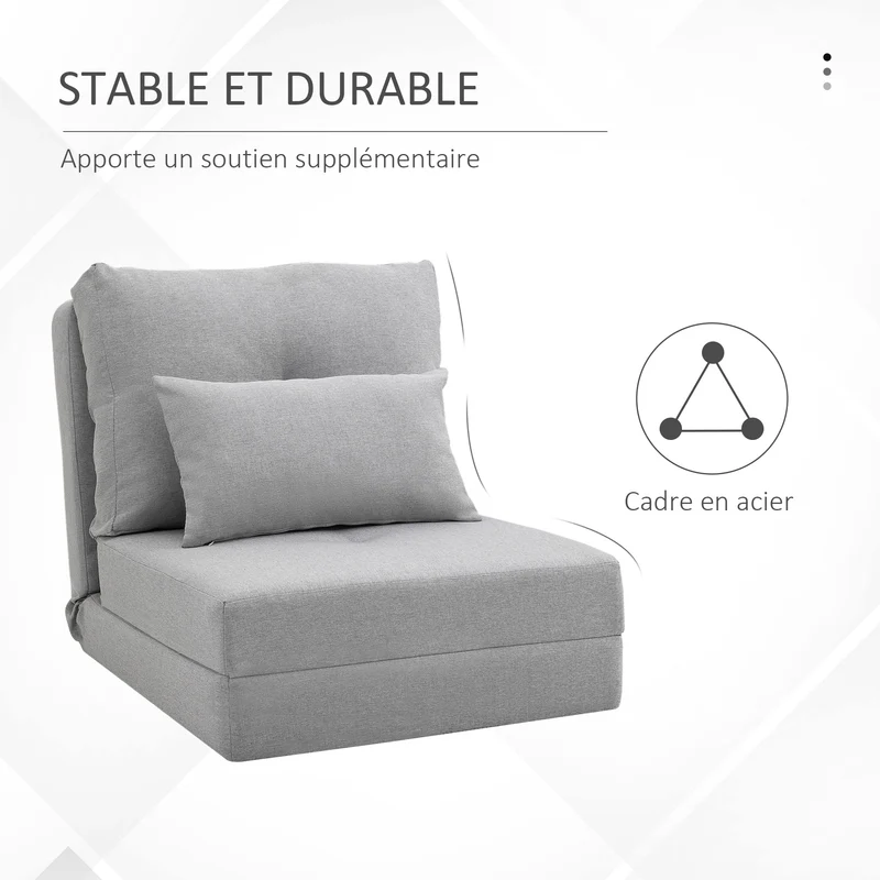 Chauffeuse convertible 1 place canapé-lit 180 x 60 x 29 cm dossier 5 niveaux mousse dense design cosy en lin gris clair 21_0001834