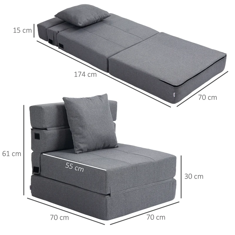 Chauffeuse 1 place convertible en lit d'appoint 70 x 70 x 61 cm assise rembourrée scandinave en polyester gris foncé 21_0003012