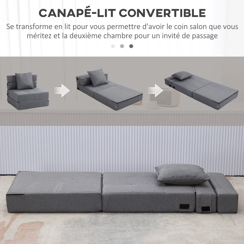 Chauffeuse 1 place convertible en lit d'appoint 70 x 70 x 61 cm assise rembourrée scandinave en polyester gris foncé 21_0003012