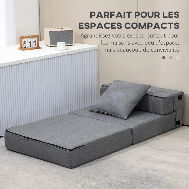 Chauffeuse 1 place convertible en lit d'appoint 70 x 70 x 61 cm assise rembourrée scandinave en polyester gris foncé 21_0003012