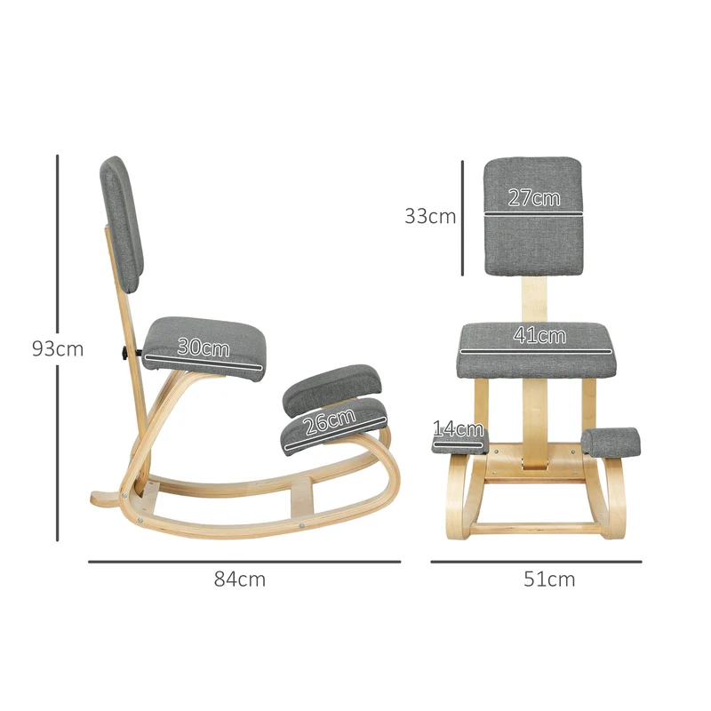 Chaise à genoux ergonomique pour bureau 51 x 84 x 93 cm assise rembourrée soulage le dos style scandinave en bois gris 21_0006278