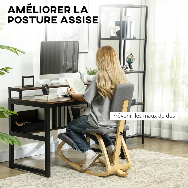 Chaise à genoux ergonomique pour bureau 51 x 84 x 93 cm assise rembourrée soulage le dos style scandinave en bois gris 21_0006278