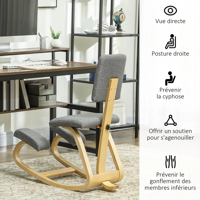 Chaise à genoux ergonomique pour bureau 51 x 84 x 93 cm assise rembourrée soulage le dos style scandinave en bois gris 21_0006278