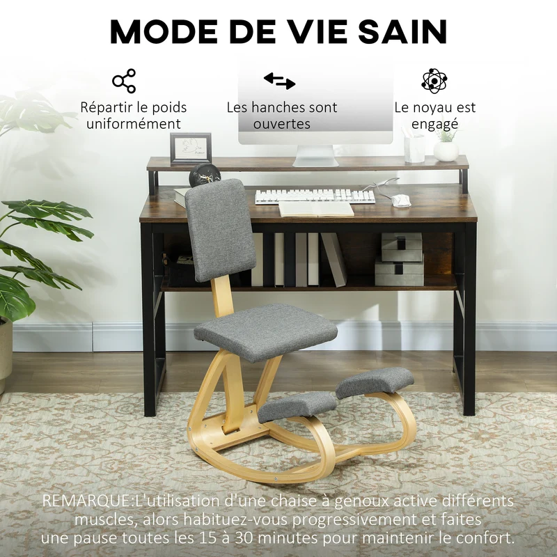Chaise à genoux ergonomique pour bureau 51 x 84 x 93 cm assise rembourrée soulage le dos style scandinave en bois gris 21_0006278