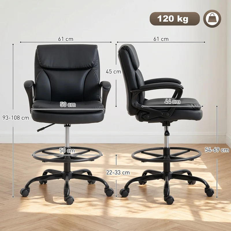 Chaise de bureau réglable 61 x 61 x 93-108 cm assise ergonomique dossier enveloppant moderne design en similicuir noir 21_0006339
