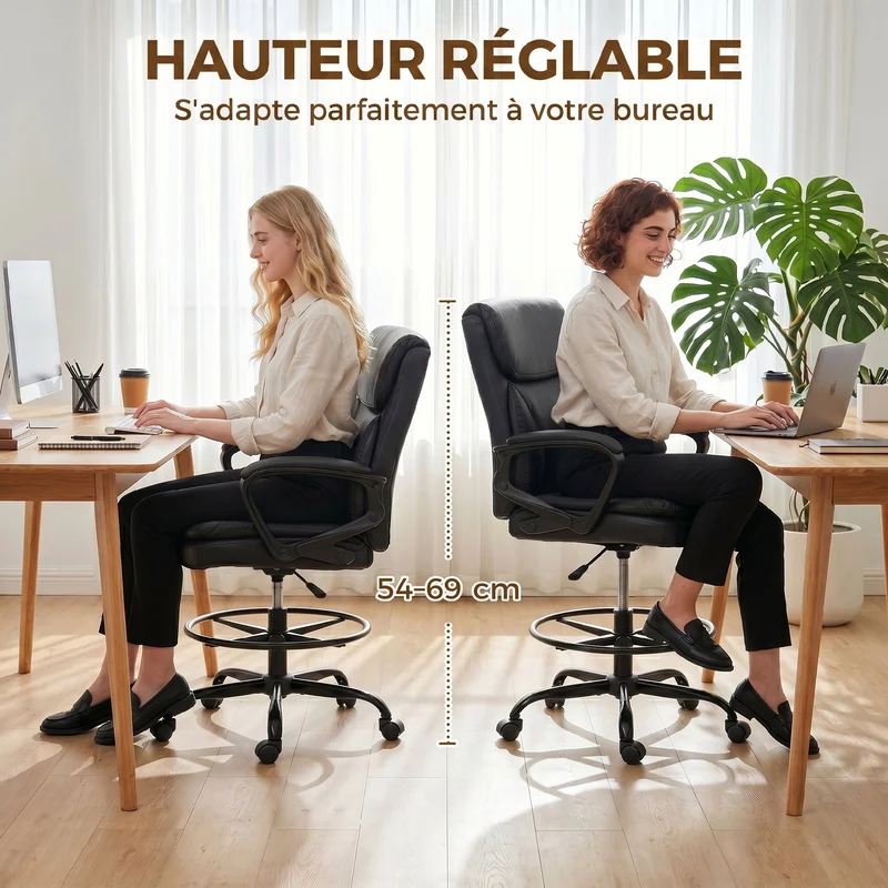 Chaise de bureau réglable 61 x 61 x 93-108 cm assise ergonomique dossier enveloppant moderne design en similicuir noir 21_0006339