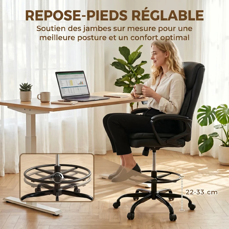 Chaise de bureau réglable 61 x 61 x 93-108 cm assise ergonomique dossier enveloppant moderne design en similicuir noir 21_0006339