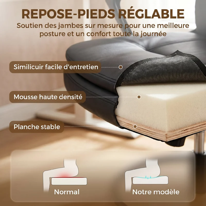 Chaise de bureau réglable 61 x 61 x 93-108 cm assise ergonomique dossier enveloppant moderne design en similicuir noir 21_0006339