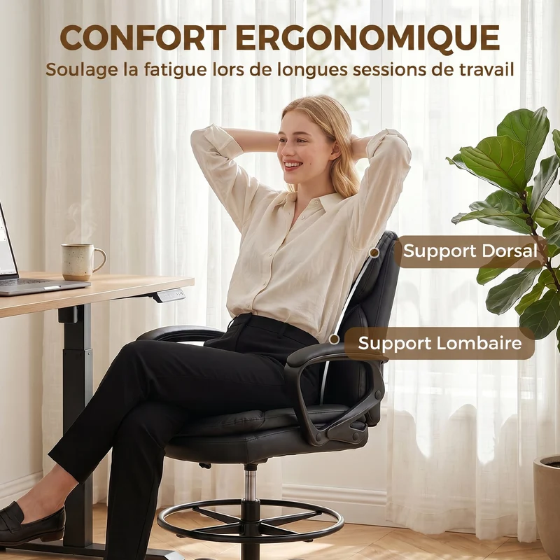 Chaise de bureau réglable 61 x 61 x 93-108 cm assise ergonomique dossier enveloppant moderne design en similicuir noir 21_0006339