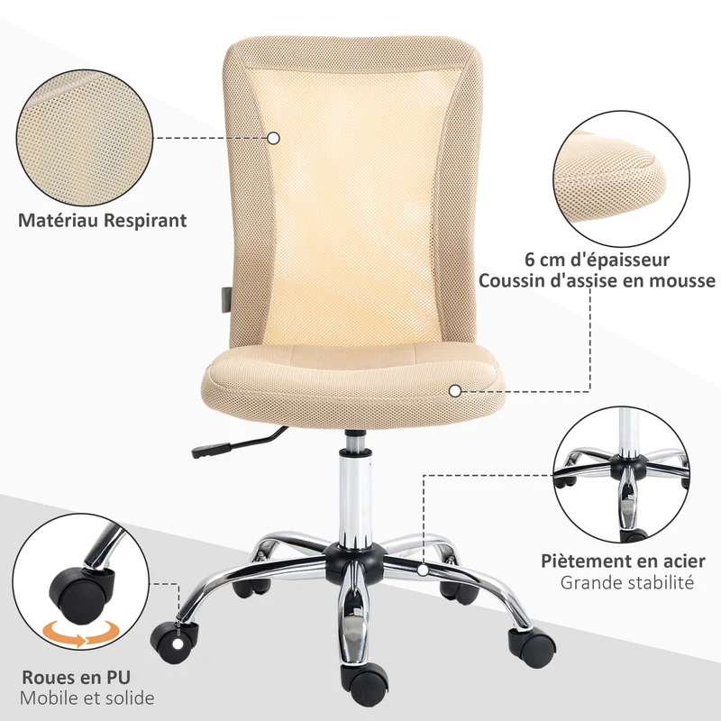 Chaise de bureau ergonomique réglable pivotant 360° 43 x 58 x 90-100 cm assise 42-52cm rembourrée moderne en tissu beige 21_0006169