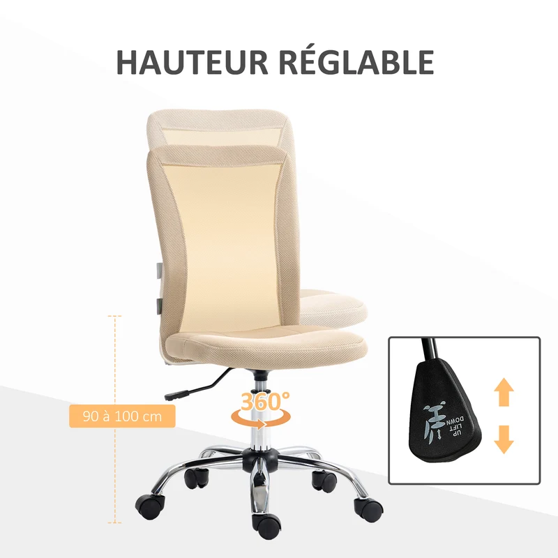 Chaise de bureau ergonomique réglable pivotant 360° 43 x 58 x 90-100 cm assise 42-52cm rembourrée moderne en tissu beige 21_0006169