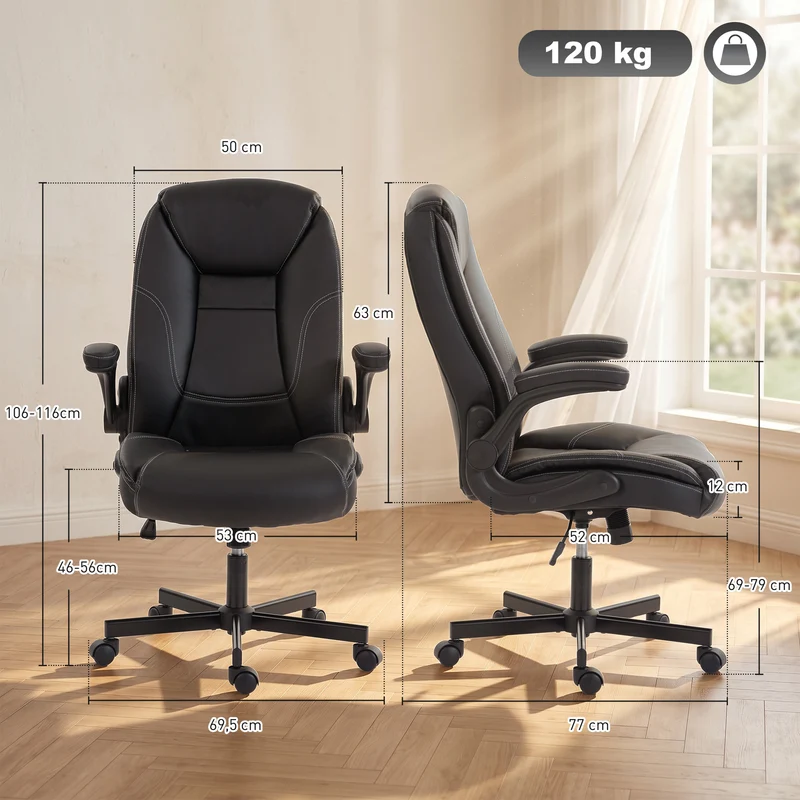 Chaise de bureau ergonomique 53 x 52 x 46-56 cm soutien lombaire accoudoirs relevables moderne design cosy en PU noir 21_0006338