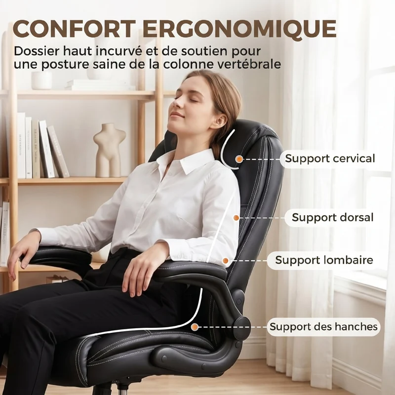 Chaise de bureau ergonomique 53 x 52 x 46-56 cm soutien lombaire accoudoirs relevables moderne design cosy en PU noir 21_0006338