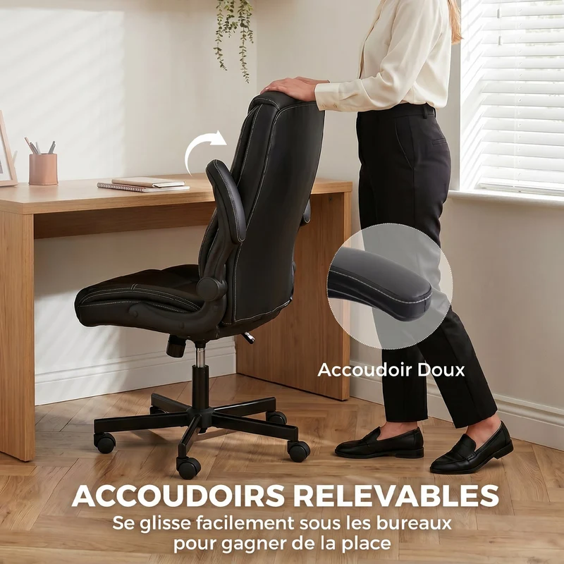 Chaise de bureau ergonomique 53 x 52 x 46-56 cm soutien lombaire accoudoirs relevables moderne design cosy en PU noir 21_0006338